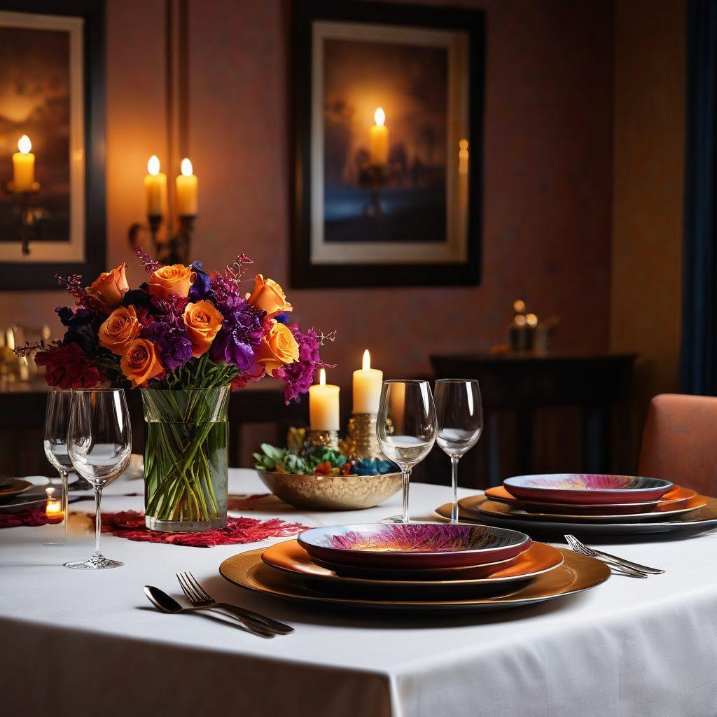 A sensuous dining table set for two, adorned with rich, colorful dishes that tantalize the palate, surrounded by flickering candlelight and luxurious fabric. Include steam rising from a gourmet dish and subtle, suggestive silhouettes in the background. The overall atmosphere should evoke a sense of intimacy and indulgence. vibrant colors. super-realistic. soft focus.